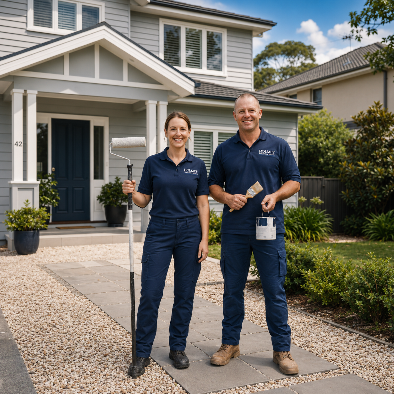 Friendly painting crew standing in front of a house