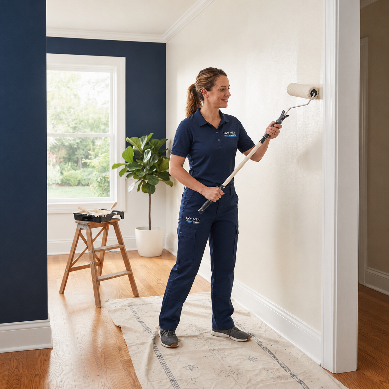 Professional painter rolling fresh paint onto an interior wall