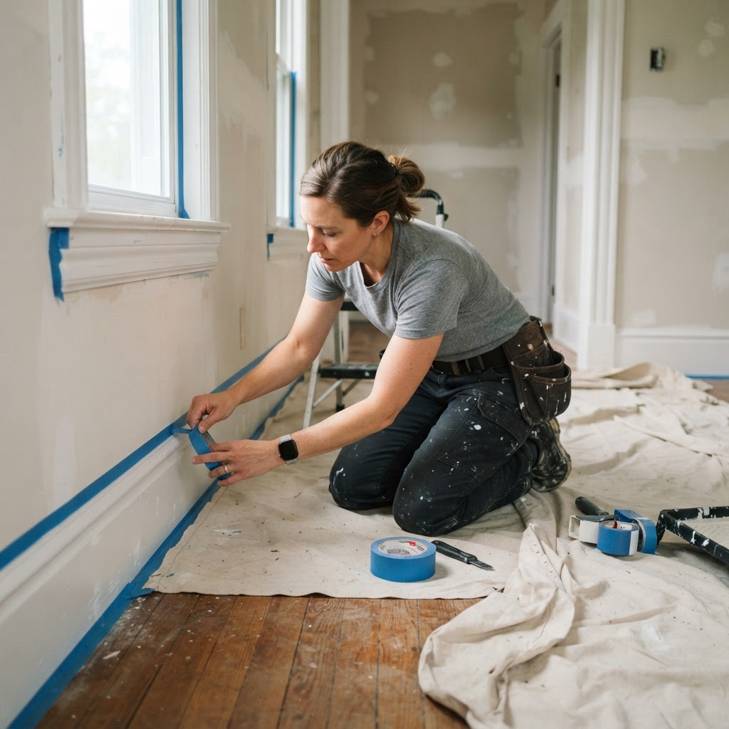 Painter carefully preparing and taping a room before painting